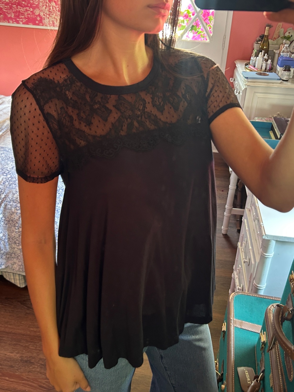 Black Lace and Mesh Short Sleeve Top